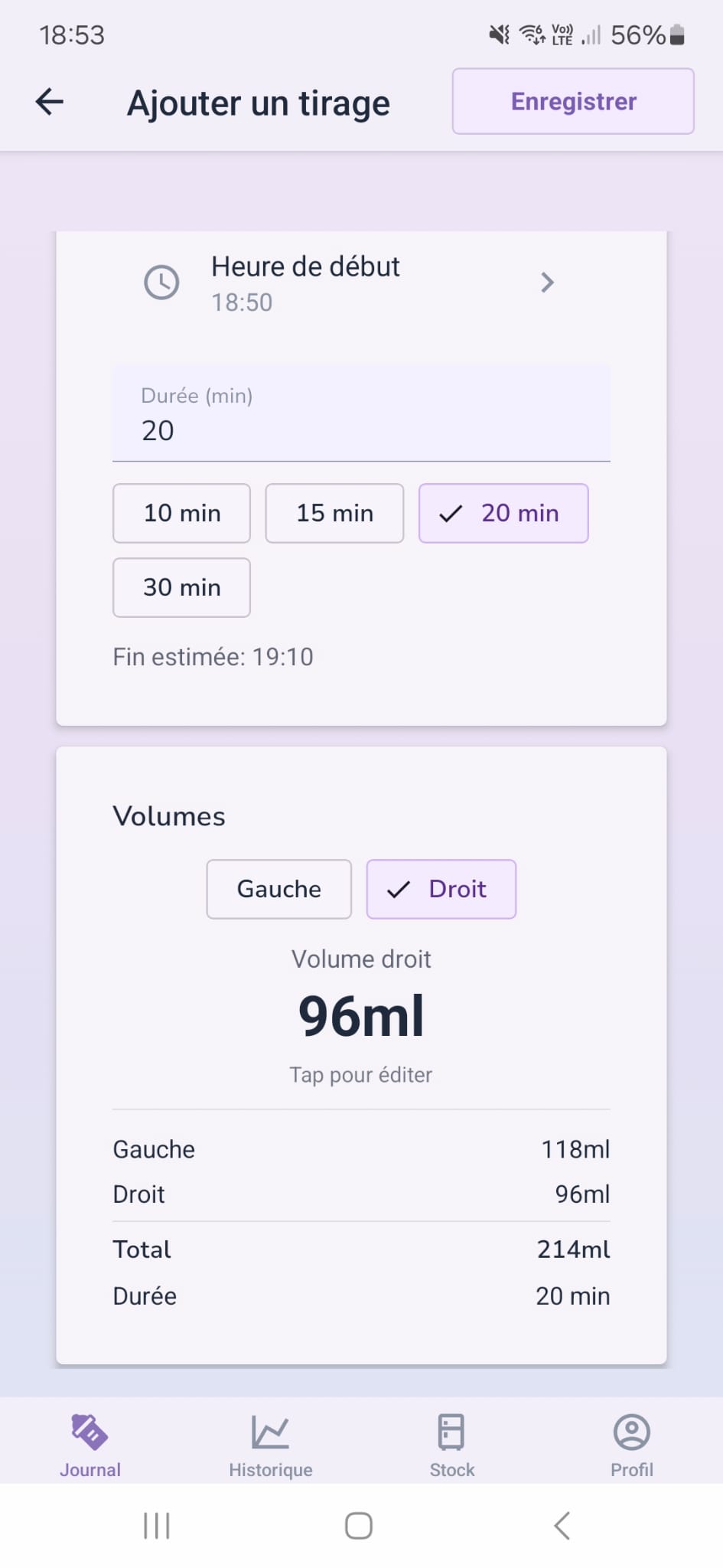 PumpDiary - Ajouter un tirage