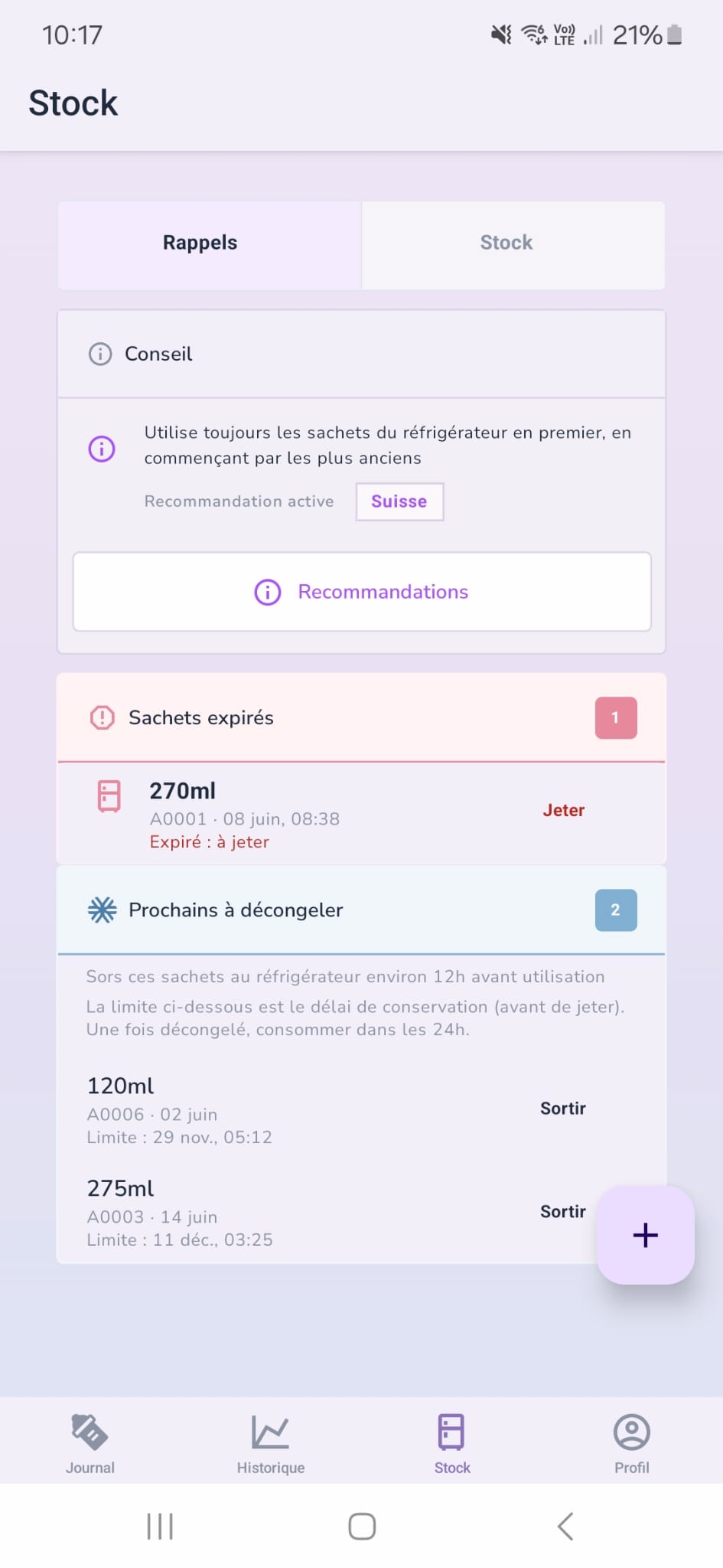 PumpDiary - Stock de lait